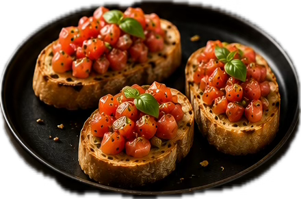 Drei Bruschette mit frischen Tomaten und Basilikum